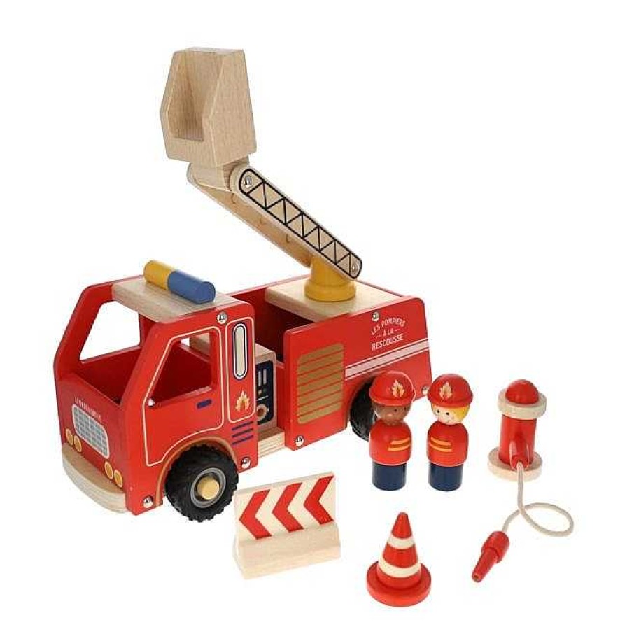 Poumpilata Camion De Pompiers En Bois Rouge